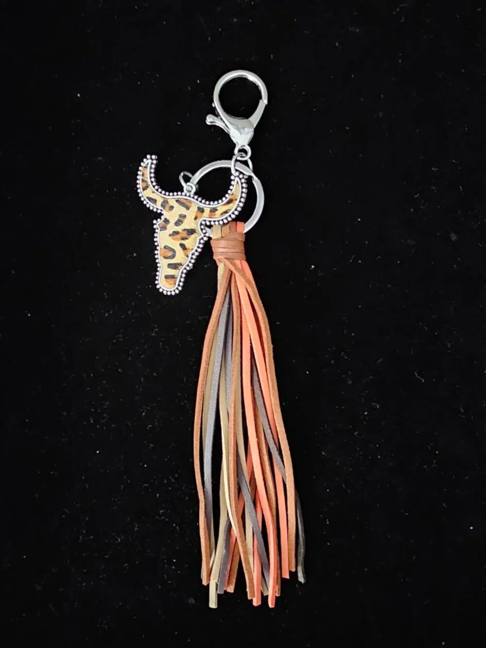 Western Tassel Leather Fringe Boho Steer Bull Head Keychain Bag Charm New
